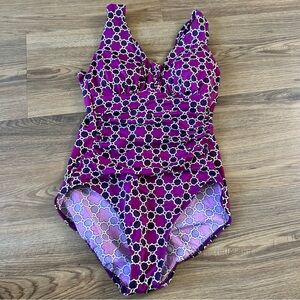 Lands V-Neck One Piece Swimsuit 8 Purple Floral Modest Compression Ruching Beach